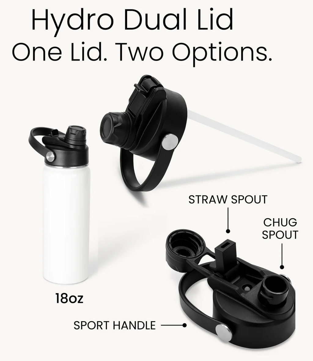 Hydro dual lid diagram showing straw spout, chug spout, and sport handle