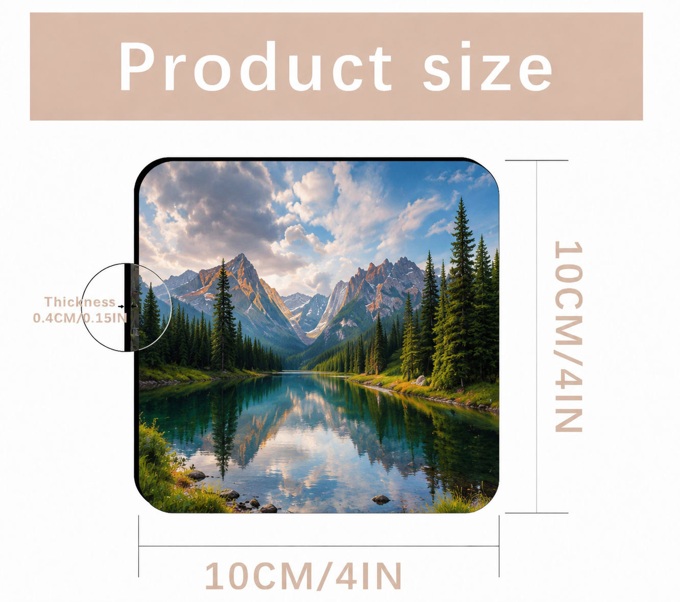 Soft coaster quality details — soft material, white polyester top, non-slip base, water absorbent