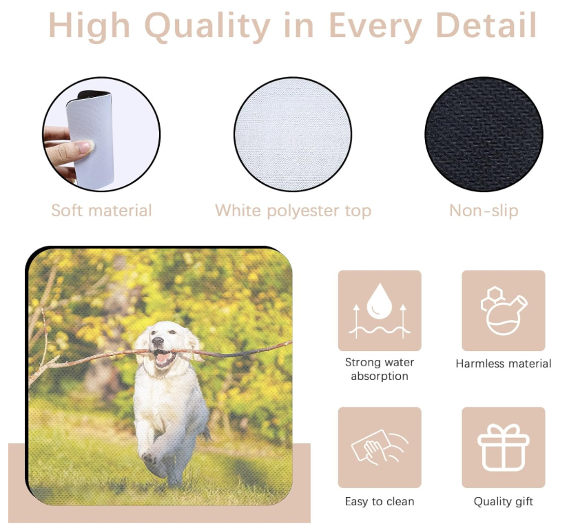 Sublimation soft coaster features — soft material, white polyester top, non-slip base, water absorbent