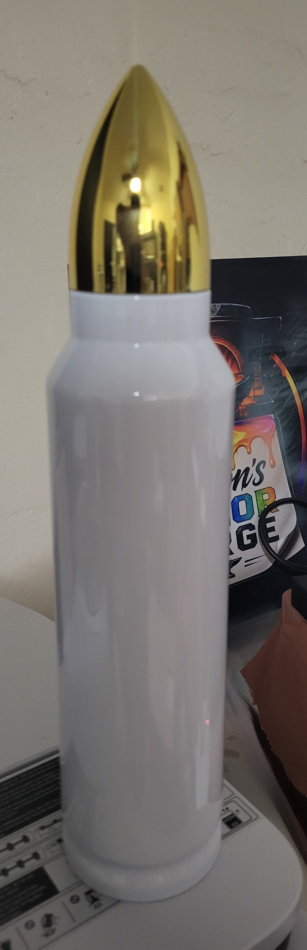 White 32oz Bullet Tumbler sublimation blank with gold lid