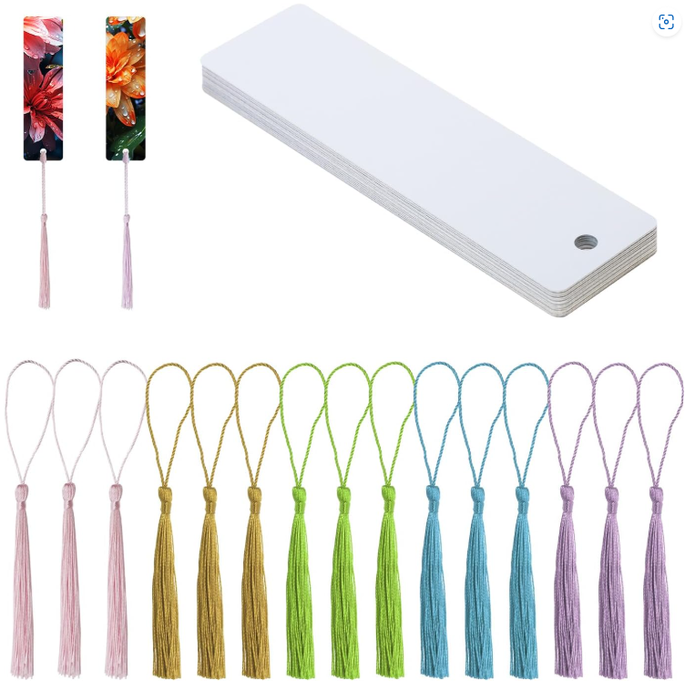 Sublimation bookmark blanks with colorful tassels — blank and tassel variety shown