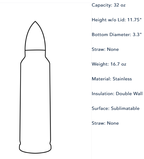 32oz Bullet Tumbler dimensions and specs