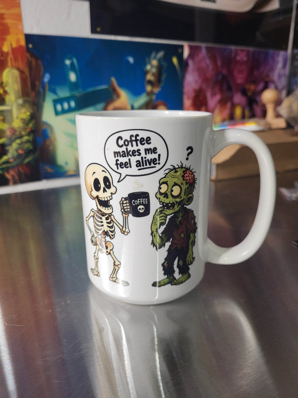 Coffee Makes Me Feel Alive skeleton and zombie mug with sublimation print