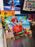 8x10 aluminum print of a flamingo in sunglasses and sun hat relaxing in a beach chair with a tropical drink, No Worries Just Good Vibes sign