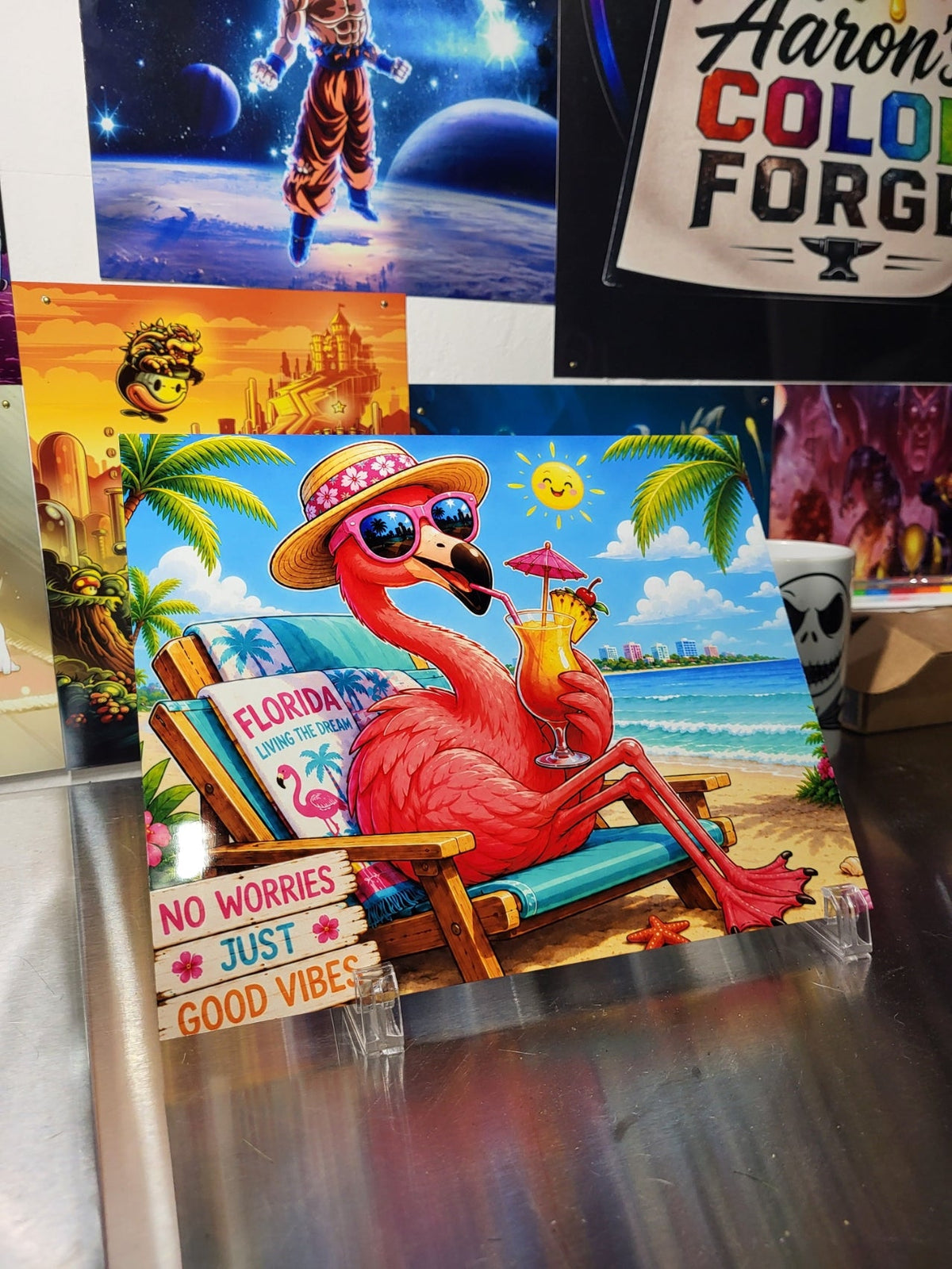 8x10 aluminum print of a flamingo in sunglasses and sun hat relaxing in a beach chair with a tropical drink, No Worries Just Good Vibes sign