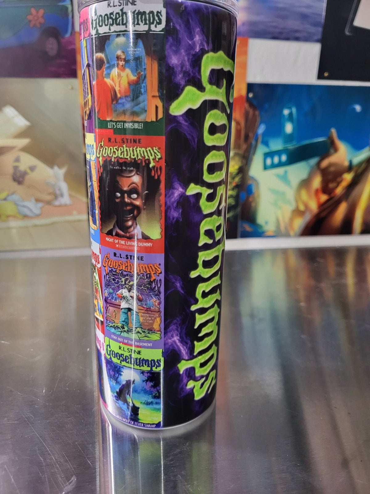 Goosebumps tumbler - purple lightning side with logo