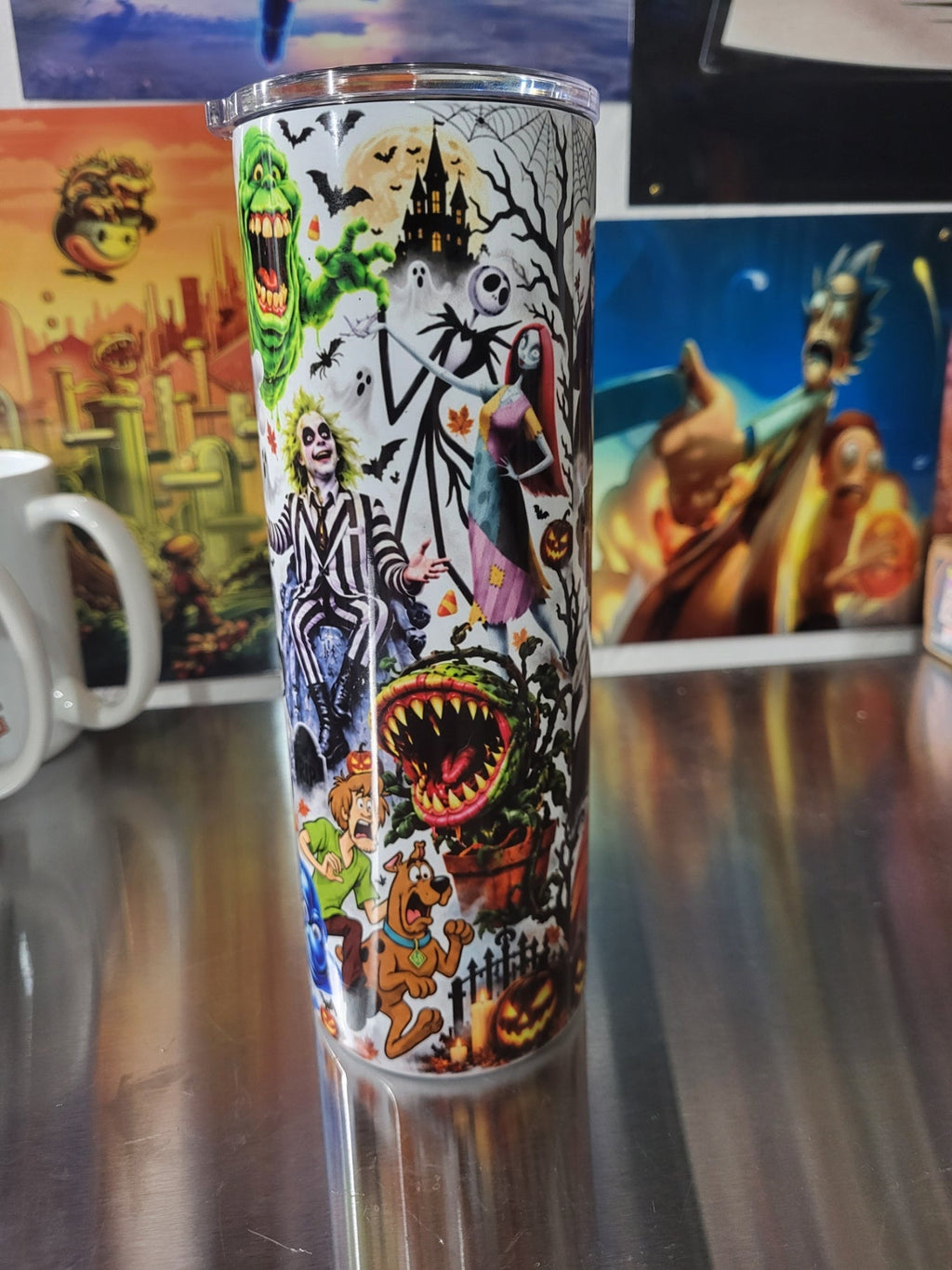 Halloween collage tumbler side 1 featuring Beetlejuice, Jack and Sally, Scooby-Doo