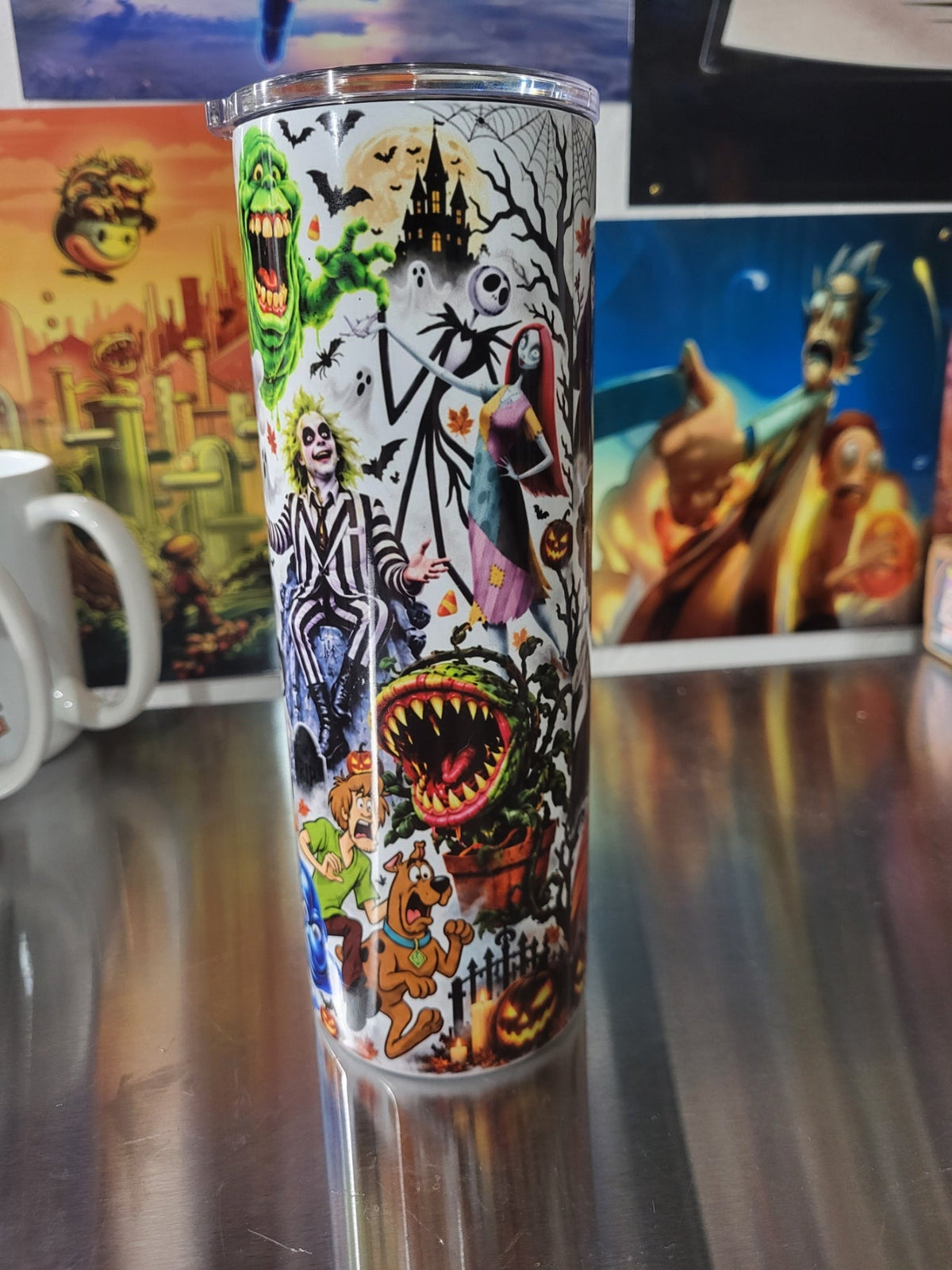Halloween collage tumbler side 1 featuring Beetlejuice, Jack and Sally, Scooby-Doo