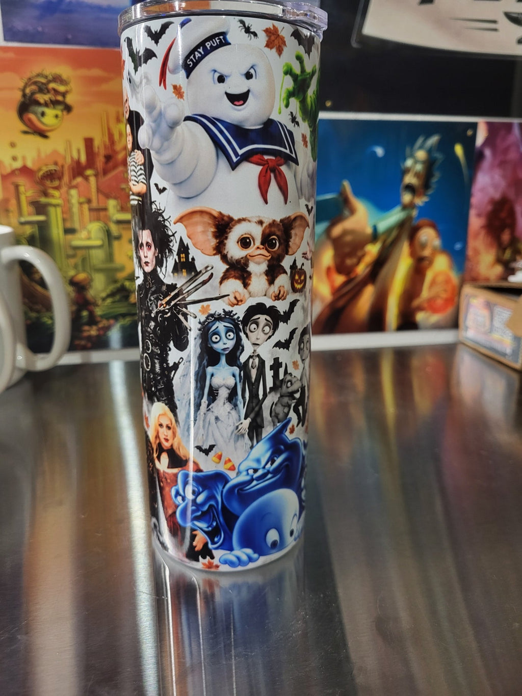 Halloween collage tumbler side 2 featuring Stay Puft, Gizmo, Corpse Bride, Casper