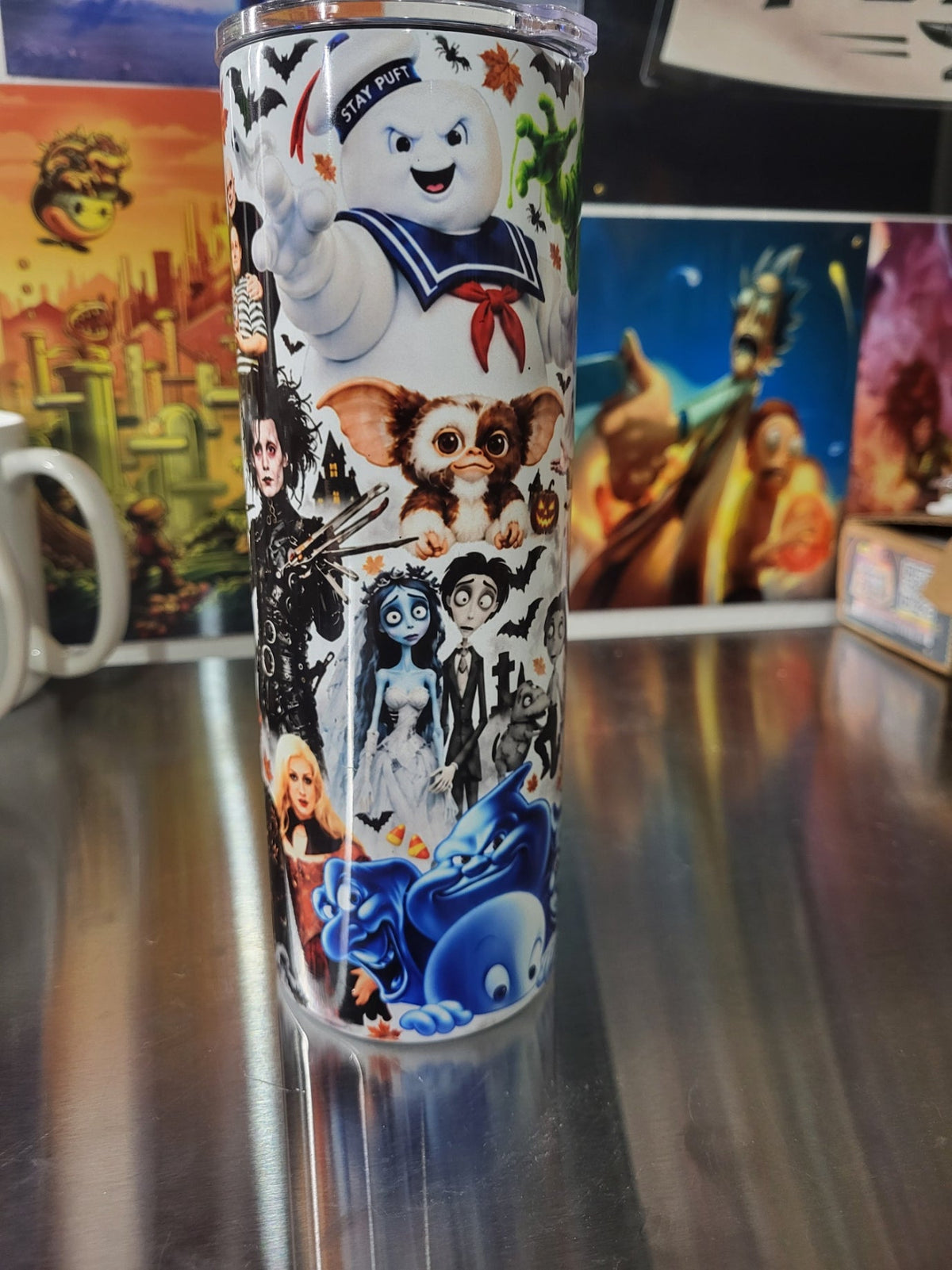 Halloween collage tumbler side 2 featuring Stay Puft, Gizmo, Corpse Bride, Casper