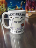 Mornings Are Boo-Sheet grumpy ghost holding pumpkin coffee mug sublimation print
