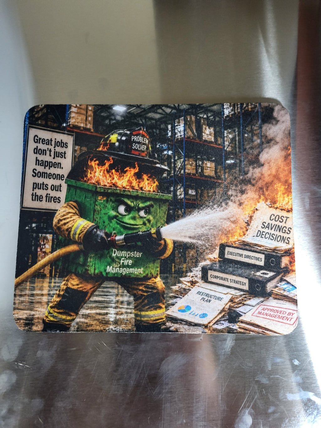 Dumpster Fire Management custom sublimation mouse pad — humorous office design
