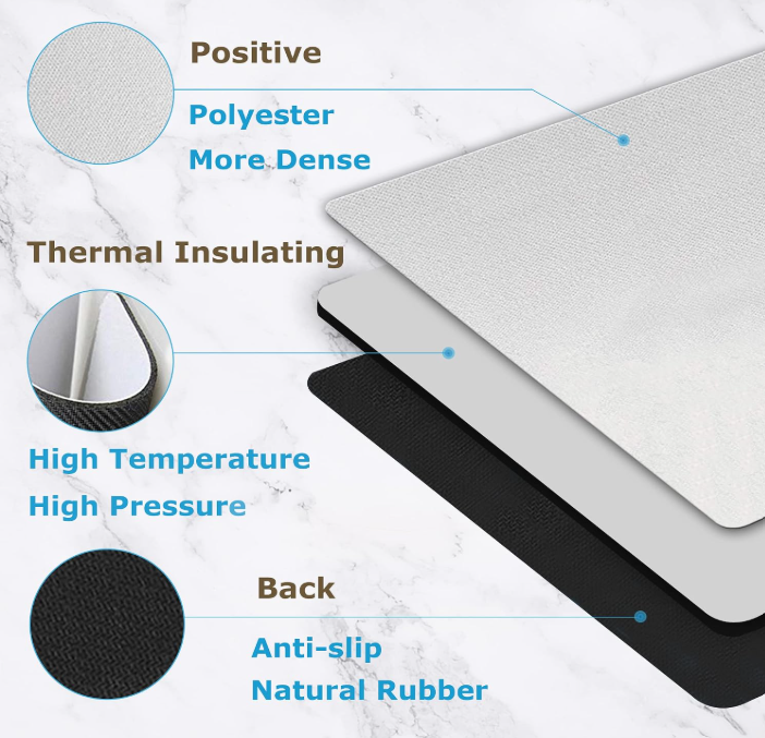 Mouse pad material layers: polyester top, thermal insulating mid layer, anti-slip natural rubber base