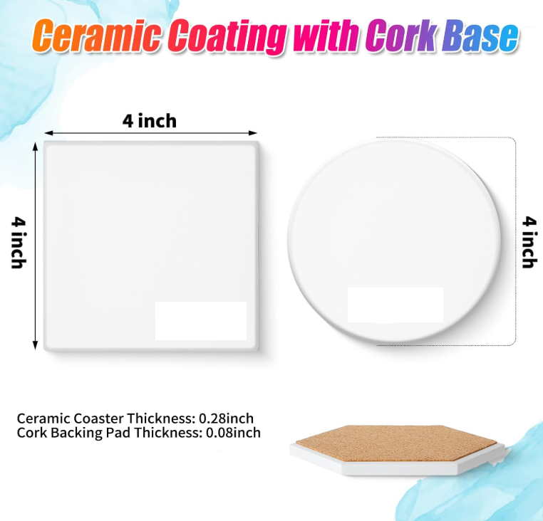 Sublimation ceramic coaster blanks — 4 inch round and square with cork backing, 0.28 inch ceramic thickness