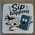 Sip Happens — funny custom printed soft coaster with cartoon coffee cup and book