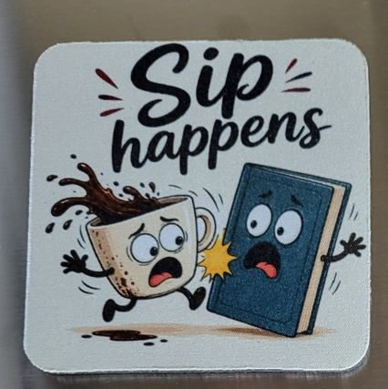 Sip Happens — funny custom printed soft coaster with cartoon coffee cup and book