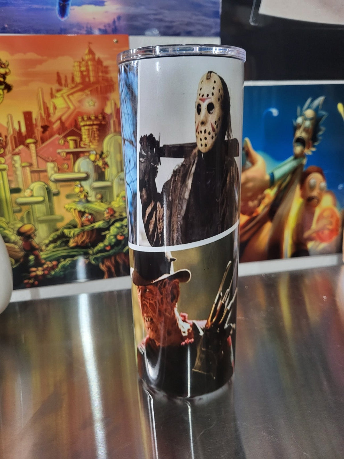 Halloween slasher tumbler side 1 featuring Jason Voorhees and Freddy Krueger